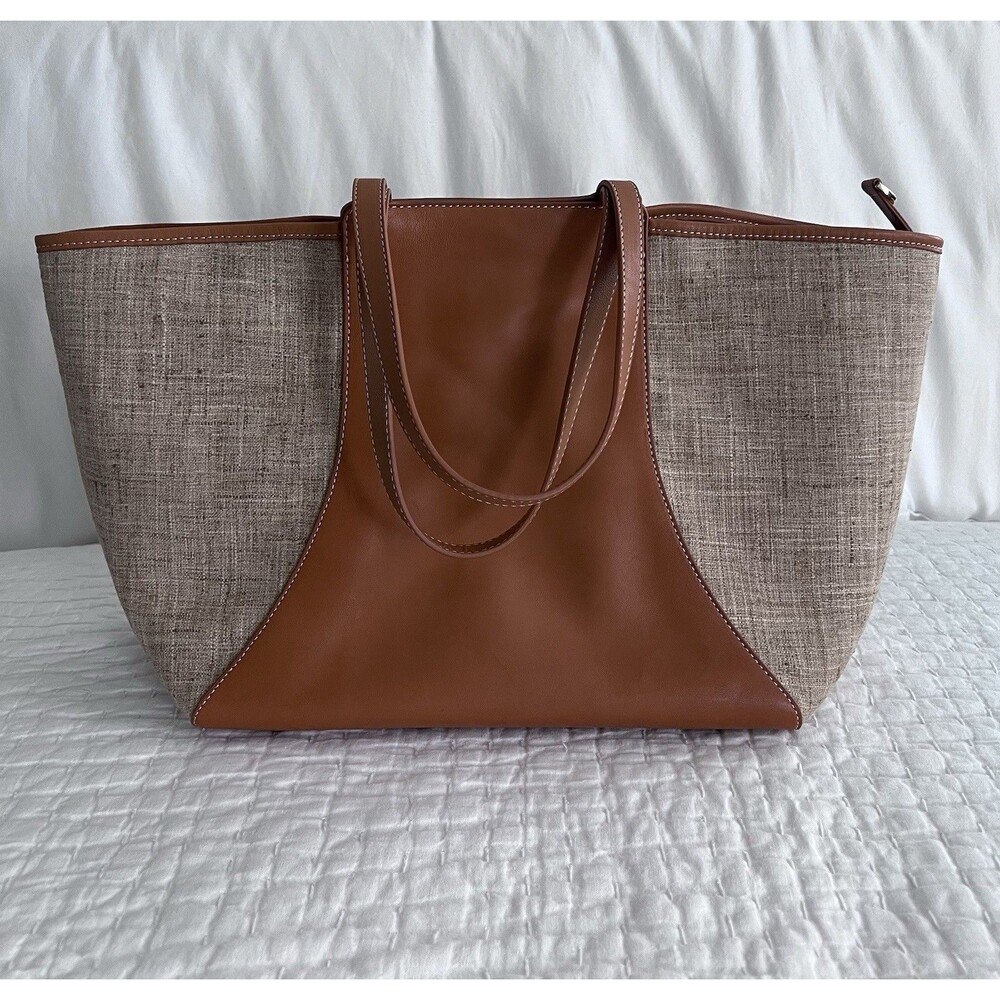 J. McLaughlin Large Leather And Linen Canvas Tote Bag EUC